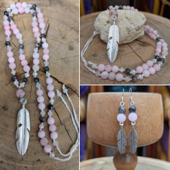 Feather jewellery set - Cherry Blossom Jasper & Larvikite