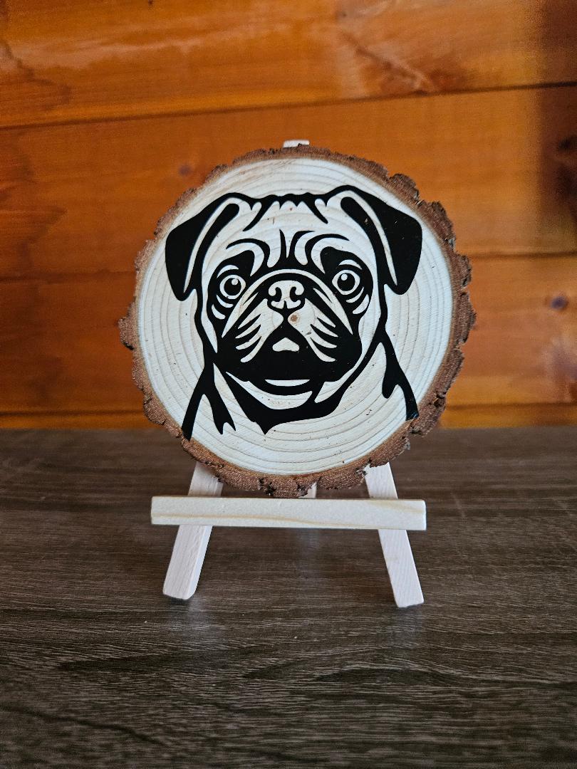 pug Pug Decorative Log Slice on an Easel 1