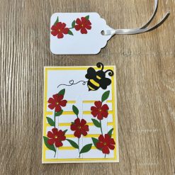 A Handmade Bee & Red Flowers Greeting Card with Matching Gift Tag – 3D Garden Design