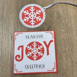 Handmade Christmas Card & Gift Tag Set – Red & White Snowflake ‘Season’s Joy Greetings’ Design