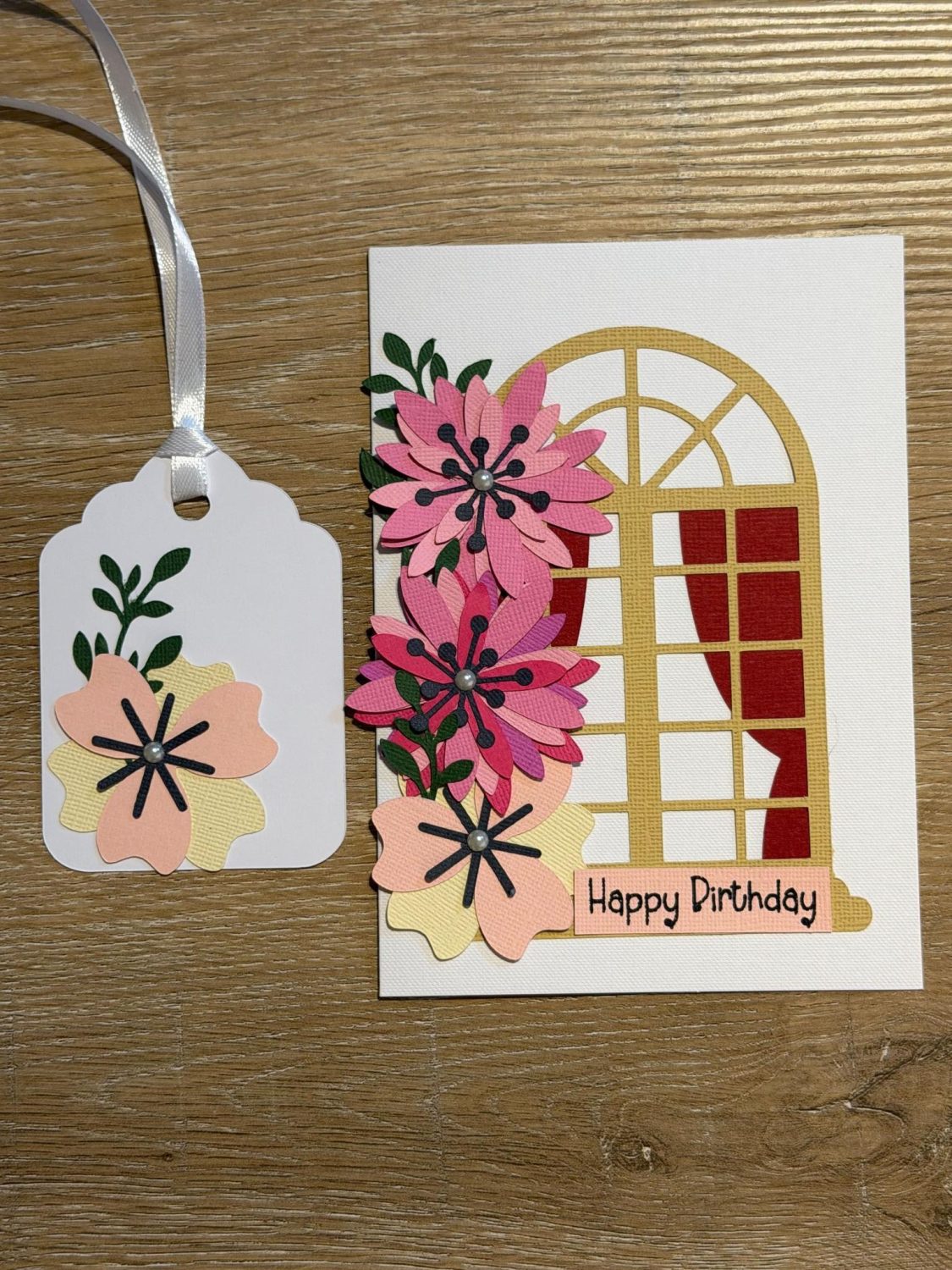 Handmade Floral Birthday Card with Matching Gift Tag – Window & Flowers Design Handmade Floral Birthday Card with Matching Gift Tag – Window & Flowers Design