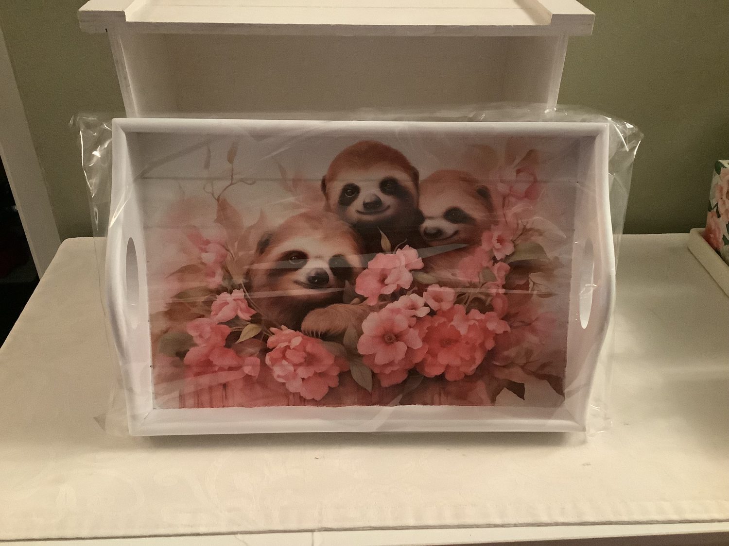 IMG_6620 HANDCRAFTED DECOUPAGED SOFA TRAY WITH A SLOTH DESIGN 1