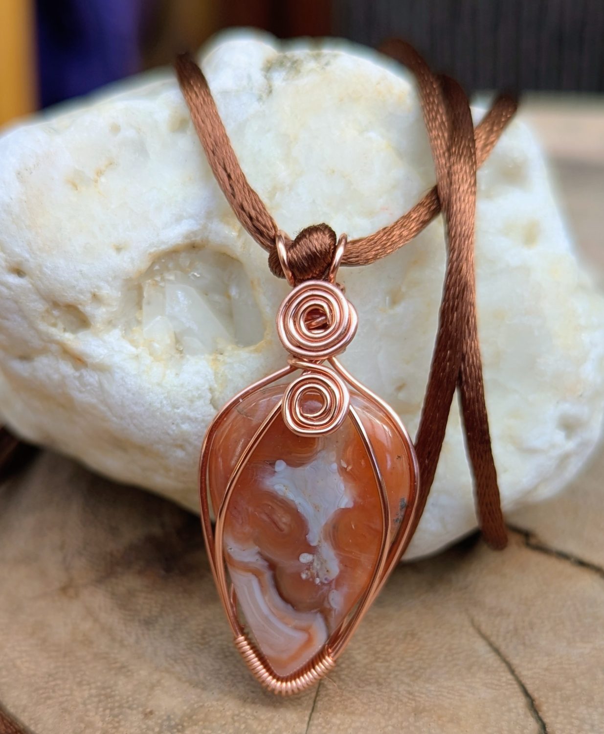 Wire wrapped pendant - agate in copper, orange Wire wrapped pendant - agate in copper, orange