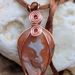 Wire wrapped pendant - agate in copper, orange