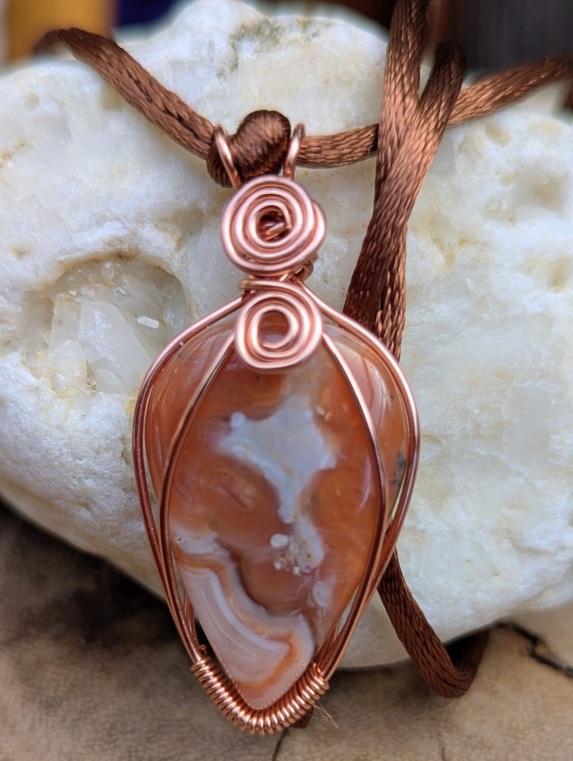 Wire wrapped pendant - agate in copper, orange Wire wrapped pendant - agate in copper, orange