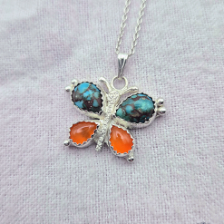 PENDANT ONLY - Egyptian Turquoise And Carnelian Butterfly Sterling Silver Pendant