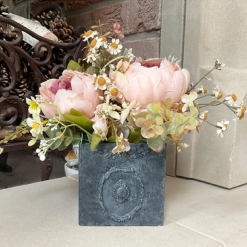 Floral Decor, Faux Flowers in Handmade Planter