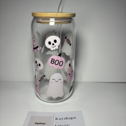 16 oz Halloween Glass Can Cup With Straw & Bamboo Lid