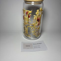 Personalized Floral Initial Glass Cup with Bamboo Lid