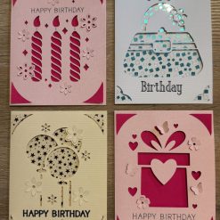 A Set of 4 Handmade Birthday Cards – Cricut Cut Designs with Balloons, Candles, Gift & Handbag