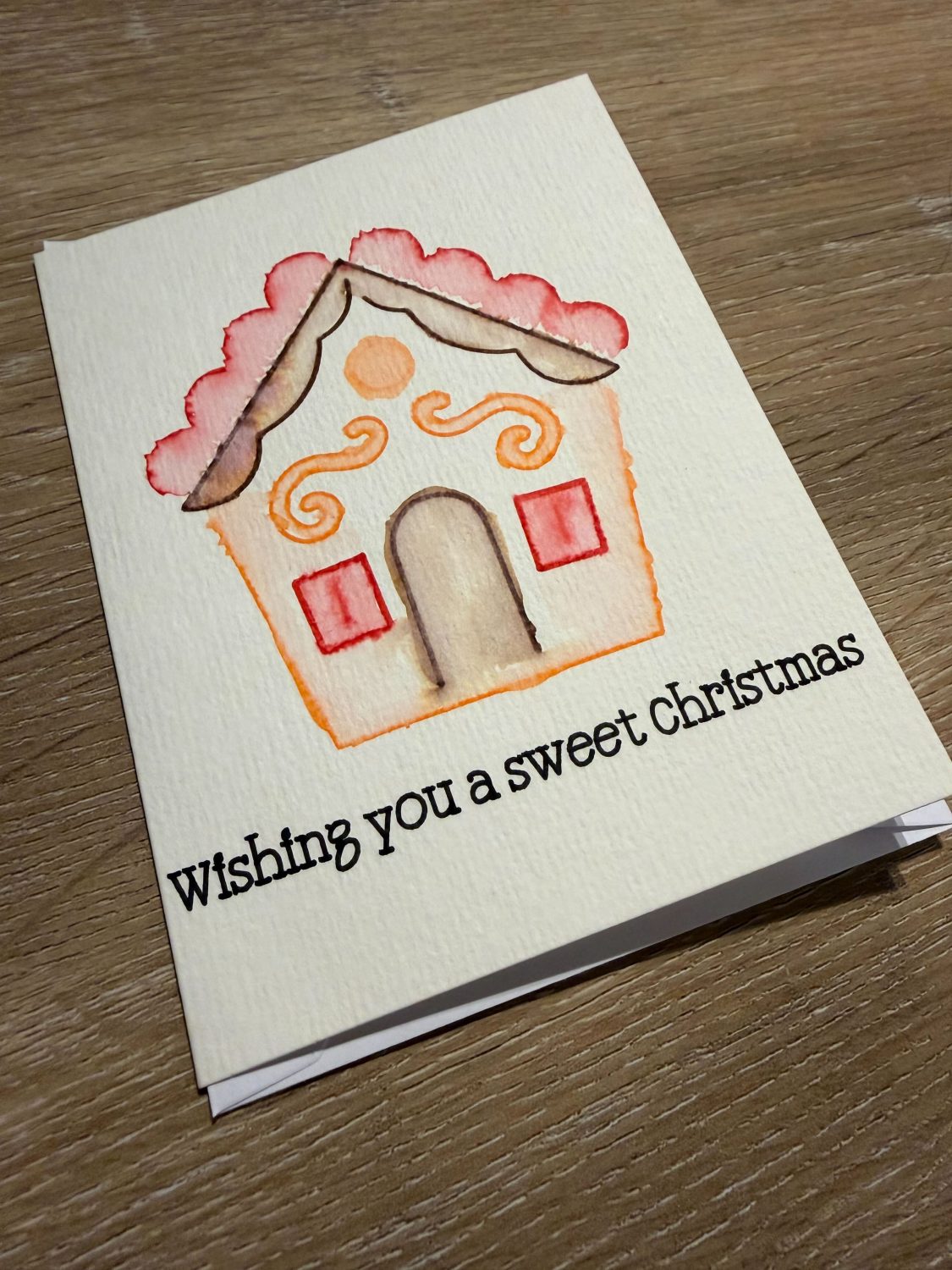 Handmade Watercolour Christmas Card with Gingerbread House Design Handmade Watercolour Christmas Card with Gingerbread House Design