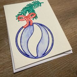 Handmade Watercolour Christmas Card with Blue Bauble and Red Bow