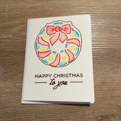 Handmade Watercolour Christmas Card with Wreath and Bow Design