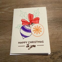 Handmade Watercolour Christmas Card with Baubles and Red Bow Design