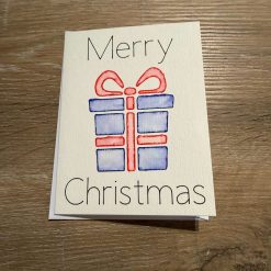 Handmade Watercolour Christmas Card with Present and Bow Design