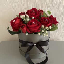 Large Grey Hatbox with Red Roses