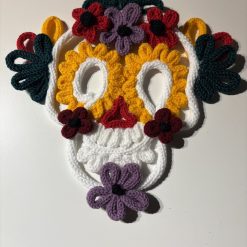 Handmade knitted wire art - Colourful Sugar Skull wall hanging, Day of the Dead decor