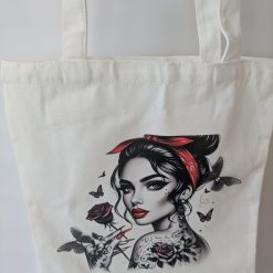 Rose Tattooed Lady Tote Bag | Recycled Cotton | Eco-Friendly Shopper | Vintage Tattoo Art | 40 x 35 cm