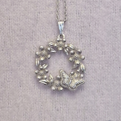 Pendant Only - Forget Me Not Flower And Butterfly Wreath Silver Pendant