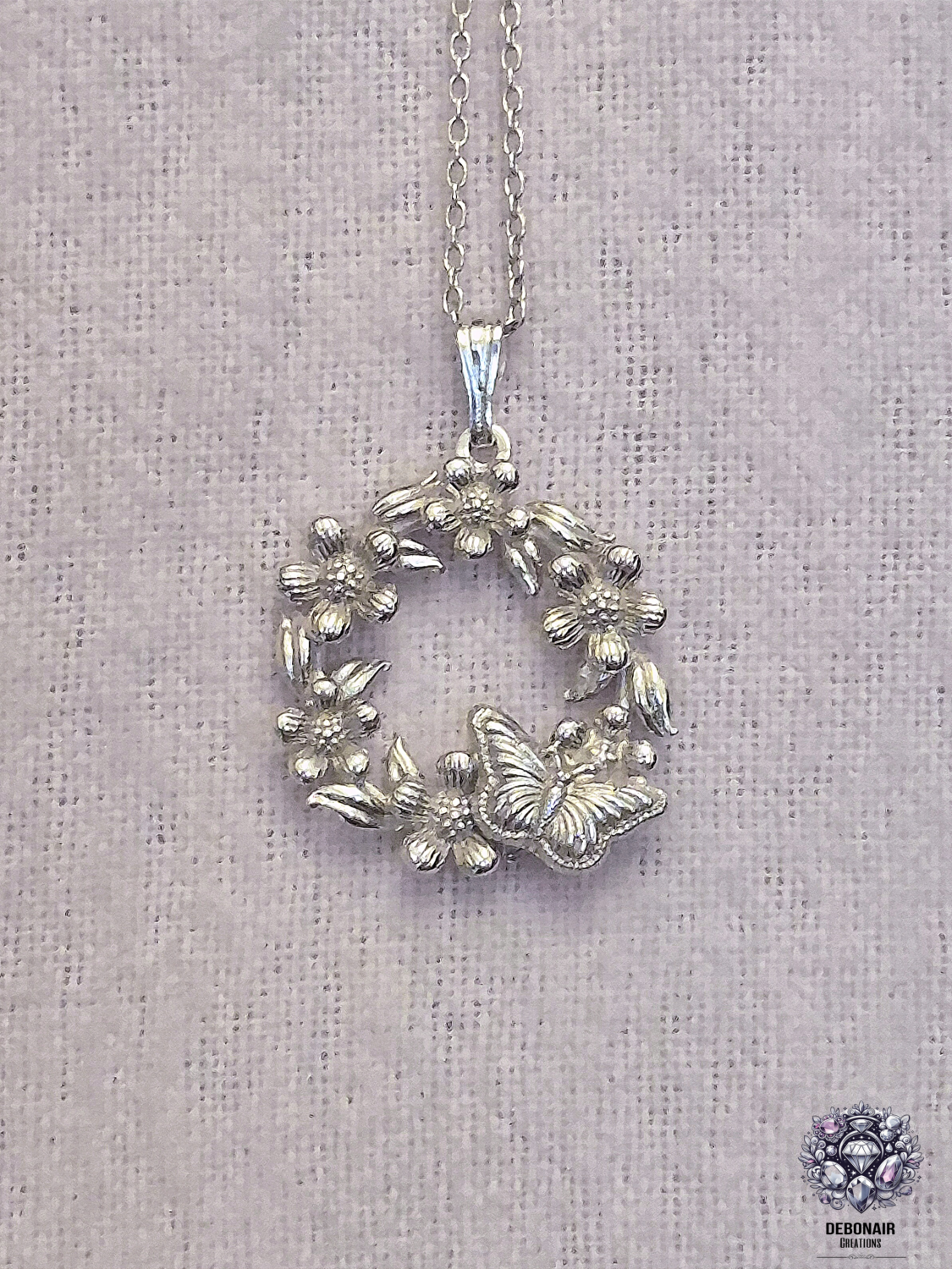 Pendant Only - Forget Me Not Flower And Butterfly Wreath Silver Pendant Pendant Only - Forget Me Not Flower And Butterfly Wreath Silver Pendant