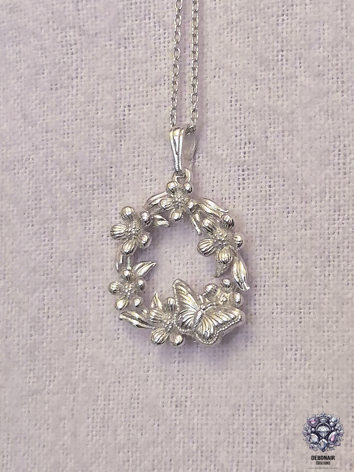 Pendant Only - Forget Me Not Flower And Butterfly Wreath Silver Pendant Pendant Only - Forget Me Not Flower And Butterfly Wreath Silver Pendant