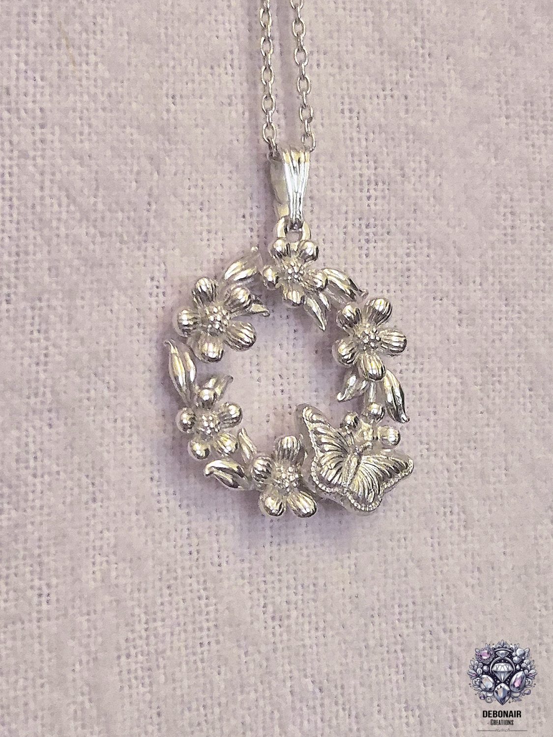 Pendant Only - Forget Me Not Flower And Butterfly Wreath Silver Pendant Pendant Only - Forget Me Not Flower And Butterfly Wreath Silver Pendant