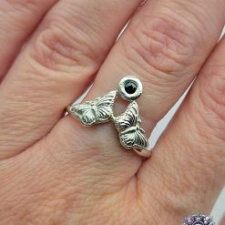 Size P - Butterflies And Sapphire Silver Wishbone Ring