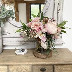 Artificial Flowers in Hurricane Style Vase, Faux Floral Centrepiece
