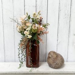 Artificial Flowers in Brown Glass Vase, Faux Floral Display