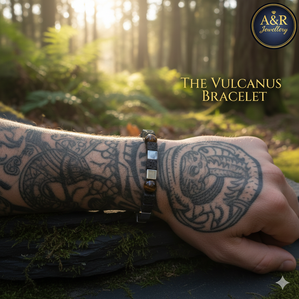 Mens Lava Rock Hematite Tiger Eye Bracelet | Vulcanus | 10mm Beads | 14-20cm Mens Lava Rock Hematite Tiger Eye Bracelet | Vulcanus | 10mm Beads | 14-20cm