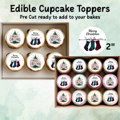 Merry Christmas Edible Cupcake Toppers - Wafer Paper 1 Merry Christmas Edible Cupcake Toppers - Wafer Paper 1
