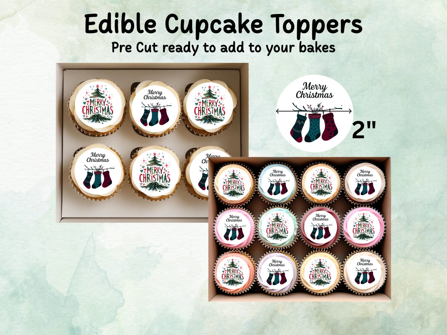Merry Christmas Edible Cupcake Toppers - Wafer Paper Merry Christmas Edible Cupcake Toppers - Wafer Paper