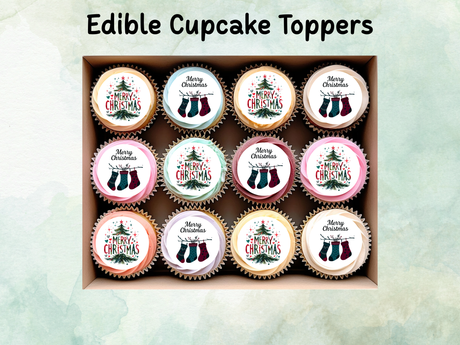 Merry Christmas Edible Cupcake Toppers - Wafer Paper Merry Christmas Edible Cupcake Toppers - Wafer Paper