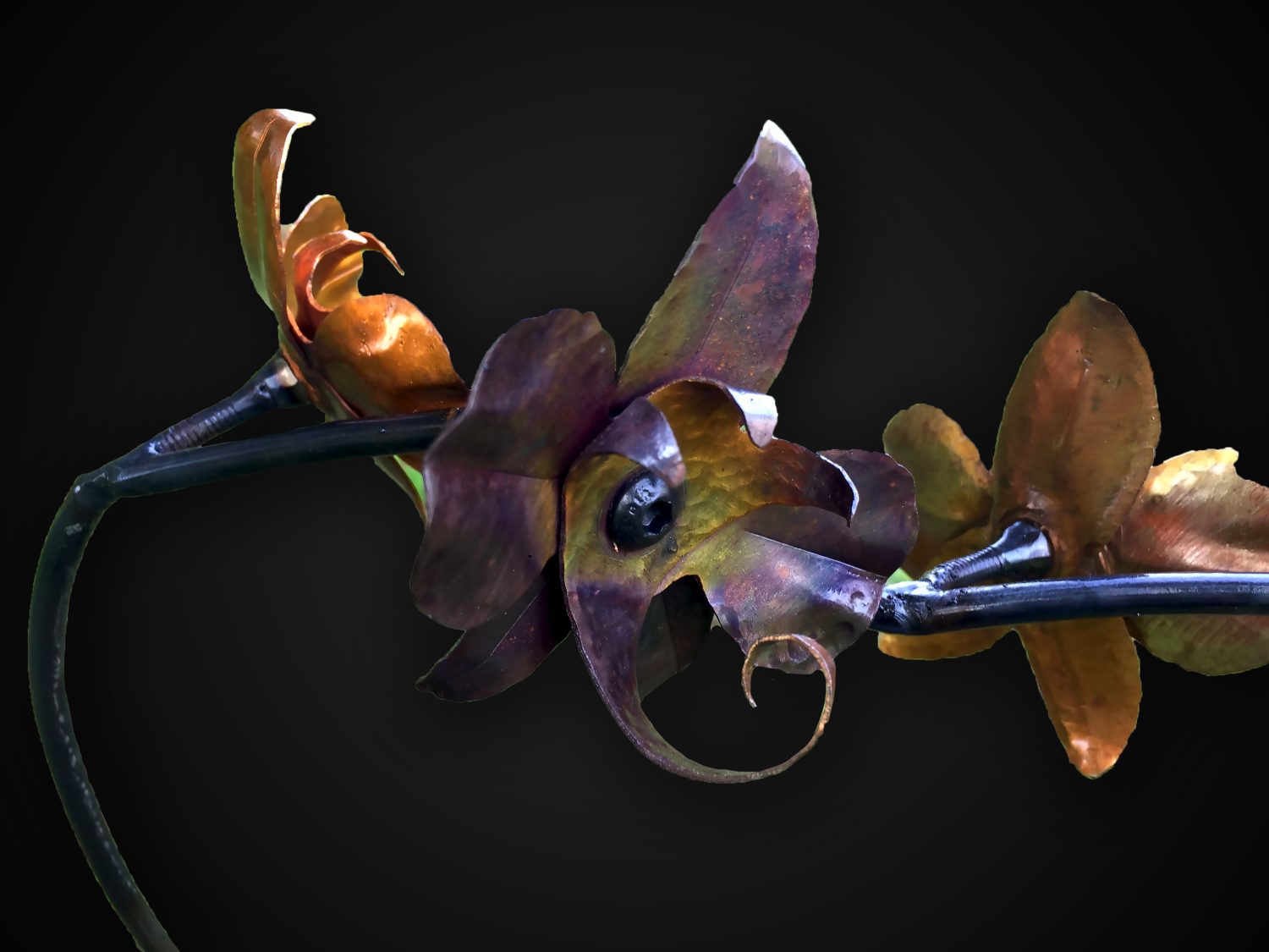 Hand Forged Iron & Copper Orchid Sculpture with Patina Vase, Life Size Flower Hand Forged Iron & Copper Orchid Sculpture with Patina Vase, Life Size Flower