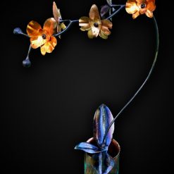 Hand Forged Iron & Copper Orchid Sculpture with Patina Vase, Life Size Flower 13 Hand Forged Iron & Copper Orchid Sculpture with Patina Vase, Life Size Flower 13