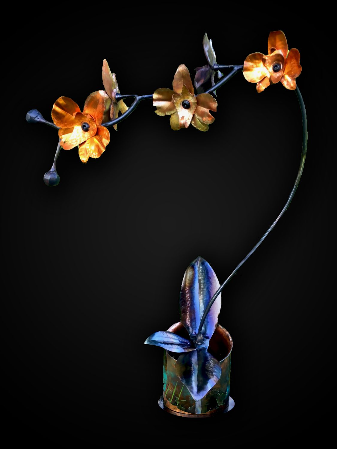 Hand Forged Iron & Copper Orchid Sculpture with Patina Vase, Life Size Flower Hand Forged Iron & Copper Orchid Sculpture with Patina Vase, Life Size Flower