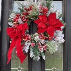 Traditional Christmas Wreath red bow & roses