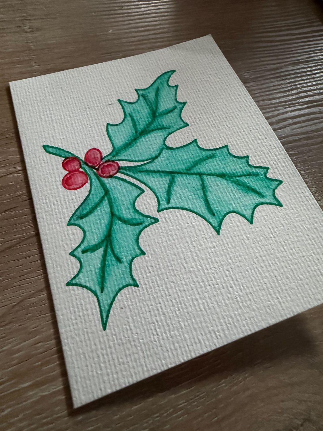 Hand-Painted Holly Christmas Card – Classic Festive Design Hand-Painted Holly Christmas Card – Classic Festive Design