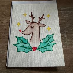 Hand-Painted Reindeer Christmas Card – Holly and Stars Design