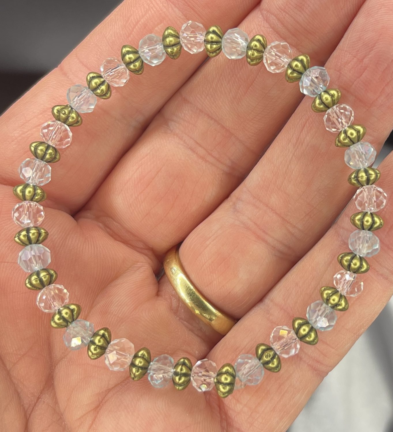 Stacker - AB Faceted Green Glass Stones and Barrels Bracelet Stacker - AB Faceted Green Glass Stones and Barrels Bracelet