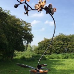 Hand Forged Iron & Copper Orchid Sculpture with Patina Vase, Life Size Flower 12 Hand Forged Iron & Copper Orchid Sculpture with Patina Vase, Life Size Flower 12