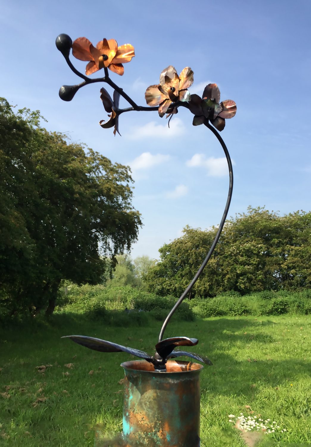 Hand Forged Iron & Copper Orchid Sculpture with Patina Vase, Life Size Flower Hand Forged Iron & Copper Orchid Sculpture with Patina Vase, Life Size Flower