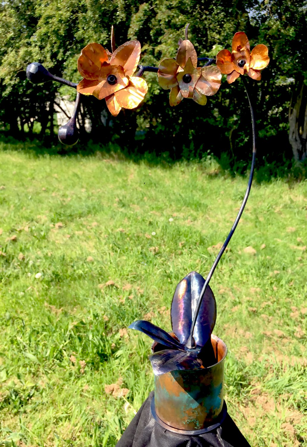 Hand Forged Iron & Copper Orchid Sculpture with Patina Vase, Life Size Flower Hand Forged Iron & Copper Orchid Sculpture with Patina Vase, Life Size Flower