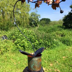 Hand Forged Iron & Copper Orchid Sculpture with Patina Vase, Life Size Flower 3 Hand Forged Iron & Copper Orchid Sculpture with Patina Vase, Life Size Flower 3