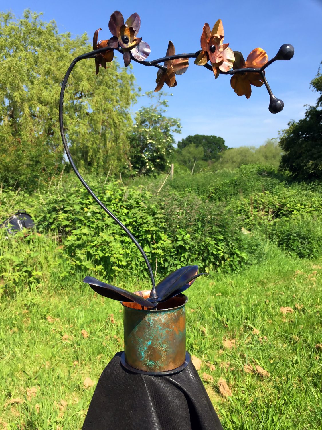 Hand Forged Iron & Copper Orchid Sculpture with Patina Vase, Life Size Flower Hand Forged Iron & Copper Orchid Sculpture with Patina Vase, Life Size Flower