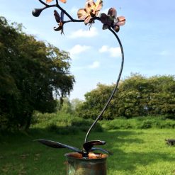 Hand Forged Iron & Copper Orchid Sculpture with Patina Vase, Life Size Flower 10 Hand Forged Iron & Copper Orchid Sculpture with Patina Vase, Life Size Flower 10