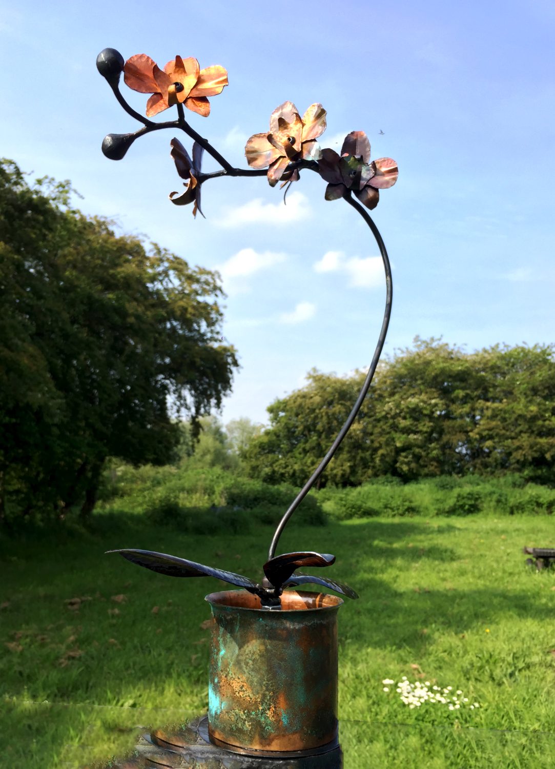 Hand Forged Iron & Copper Orchid Sculpture with Patina Vase, Life Size Flower Hand Forged Iron & Copper Orchid Sculpture with Patina Vase, Life Size Flower