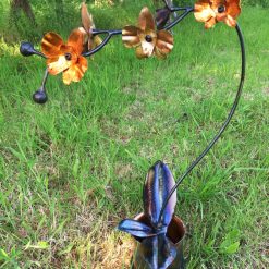 Hand Forged Iron & Copper Orchid Sculpture with Patina Vase, Life Size Flower 9 Hand Forged Iron & Copper Orchid Sculpture with Patina Vase, Life Size Flower 9
