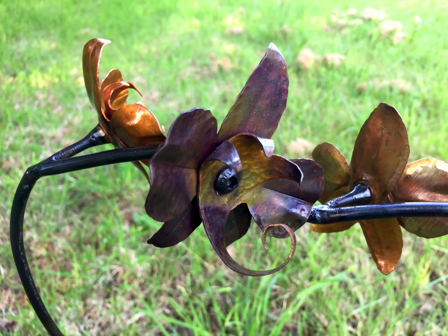 Hand Forged Iron & Copper Orchid Sculpture with Patina Vase, Life Size Flower Hand Forged Iron & Copper Orchid Sculpture with Patina Vase, Life Size Flower