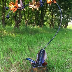 Hand Forged Iron & Copper Orchid Sculpture with Patina Vase, Life Size Flower 7 Hand Forged Iron & Copper Orchid Sculpture with Patina Vase, Life Size Flower 7